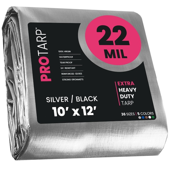 Protarp 10 ft x 12 ft Heavy Duty 22 Mil Tarp, Silver/Black
